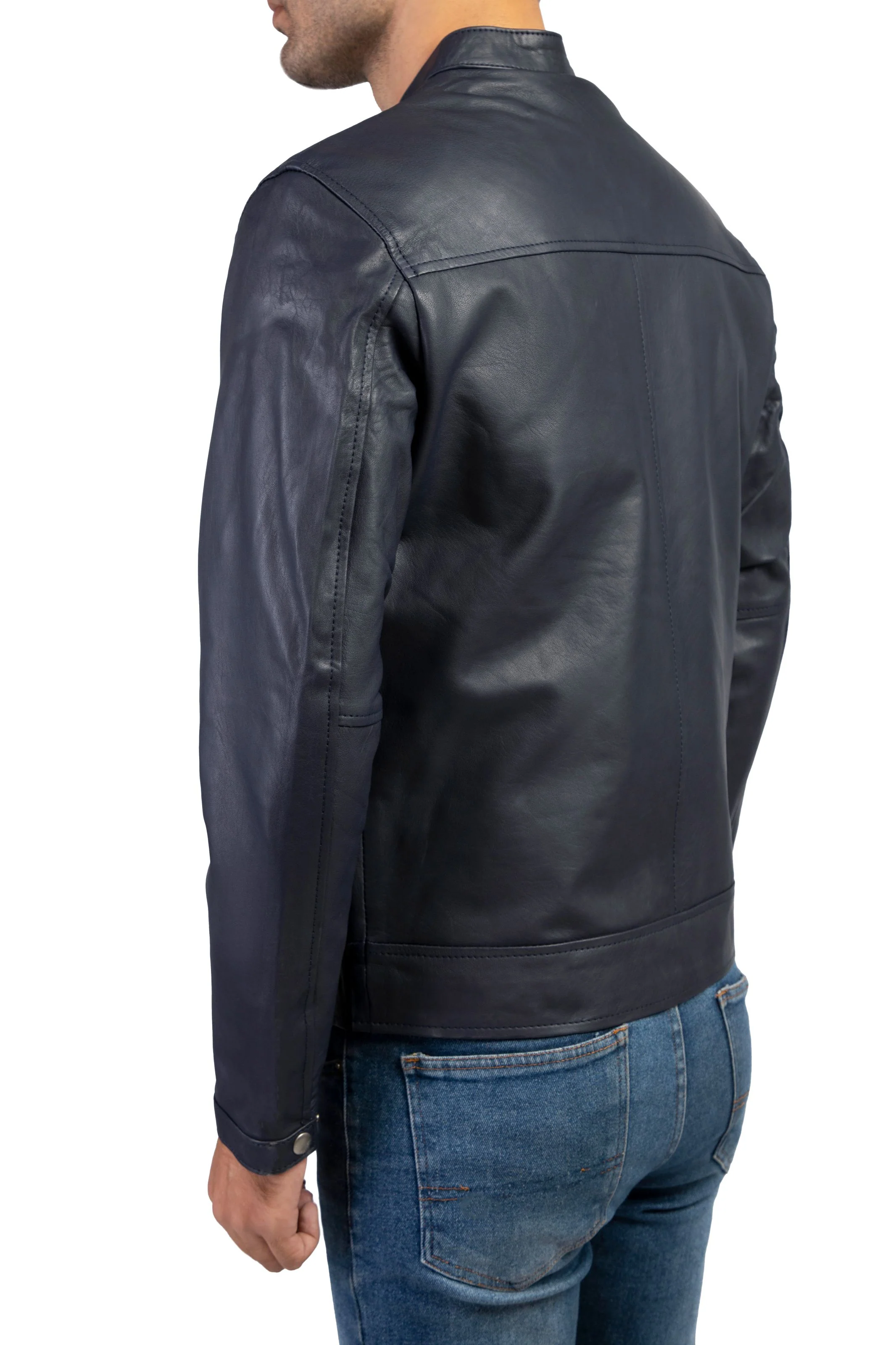 Blue Mens Pure Sheep Leather Zipper Jacket